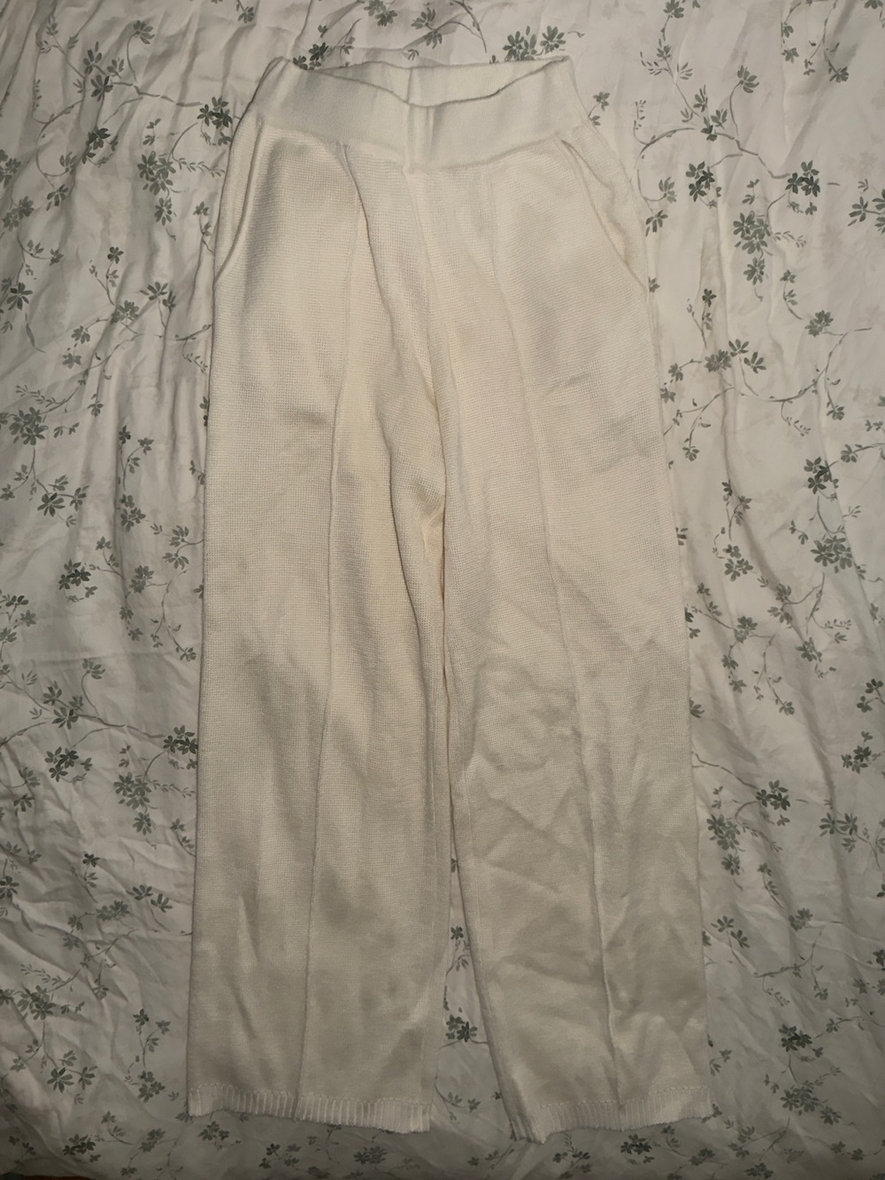 Cream >50% wool blend wide-leg pants